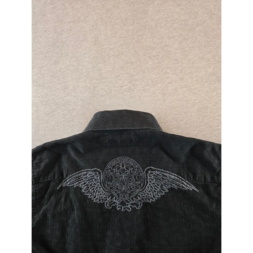 7 Diamonds Button Down Shirt Mens Medium Black Wing Embroidery Textured Cotton
